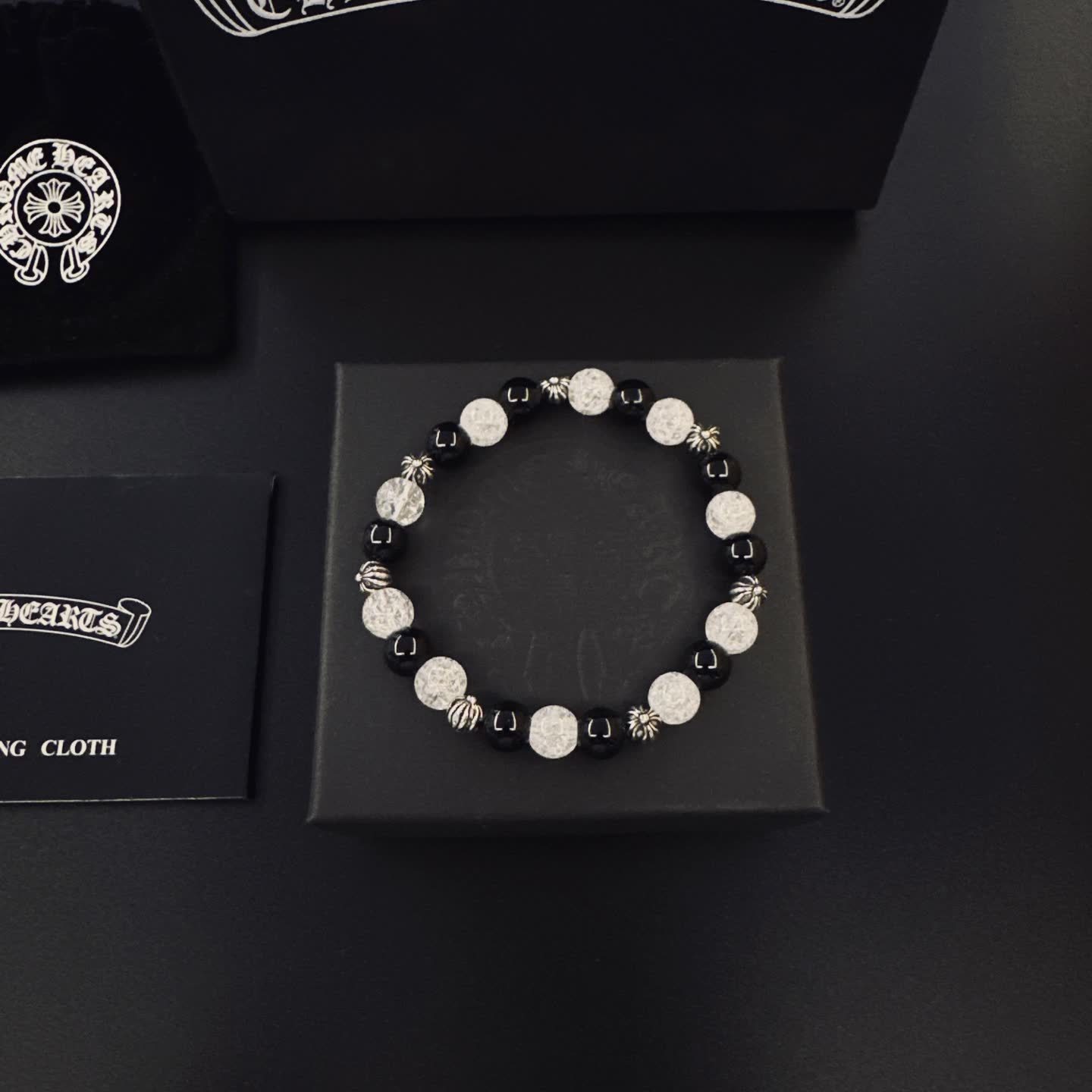 Chrome Hearts Hearts Silver and Black Beaded Bracelet